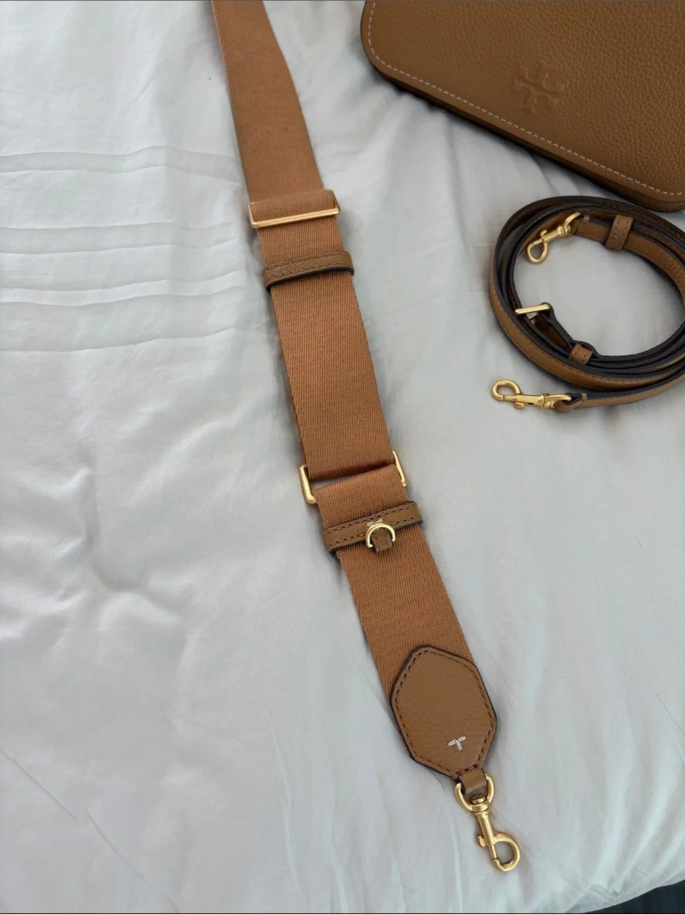 Tory Burch Thea Caramel Tan Pebbled Leather Crossbody with Gold Hardware